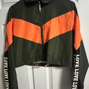 Women’s Olive Green & Orange Cropped Windbreaker Jacket